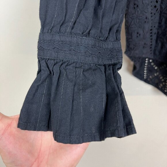 Sundance Blouse Top Womens PXS Black Eyelet Lace‎ Button up Long Flare Sleeve - Picture 5 of 11